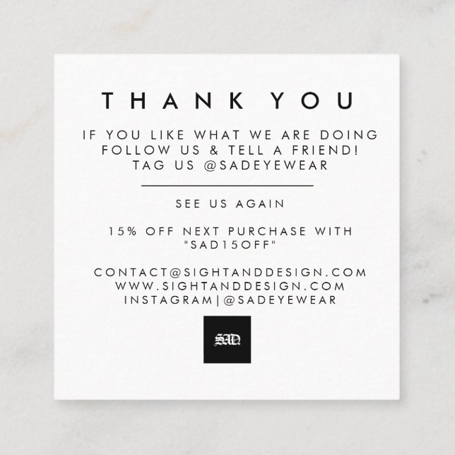 Visita Cuadrada Tarjeta de agradecimiento negrita simple minimalis (Reverso)