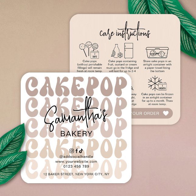 Visita Cuadrada Tarjeta de cuidado de Cake Pops Retro Beige de mod (Trendy beige cake pops storage instructions guide cards featuring retro fonts and modern layout)
