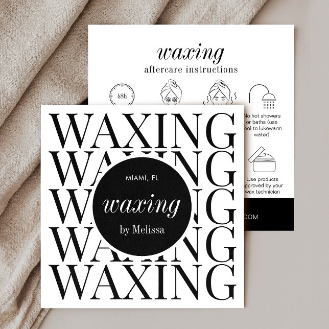 Visita Cuadrada Tarjeta de cuidado de lavado de lavado de pelo min (Waxing aftercare instructions cards with icons and space for your logo and contact details)