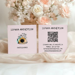 Visita Cuadrada Tarjeta de Fotógrafo Floral Rosa con Código QR