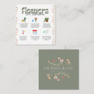 Visita Cuadrada Tarjeta de instrucciones para el cuidado de flores