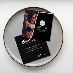 Visita Cuadrada Tarjeta de Negocio Foto Negra Estudio de Tatuaje