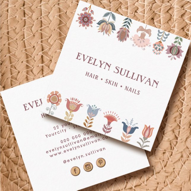 Visita Cuadrada tarjeta de negocios boho folk art flowers square (Subido por el creador)