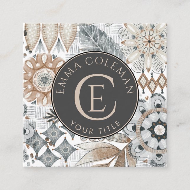 Visita Cuadrada Tarjeta de presentación Boho Monogramed Floral Lea (Anverso)