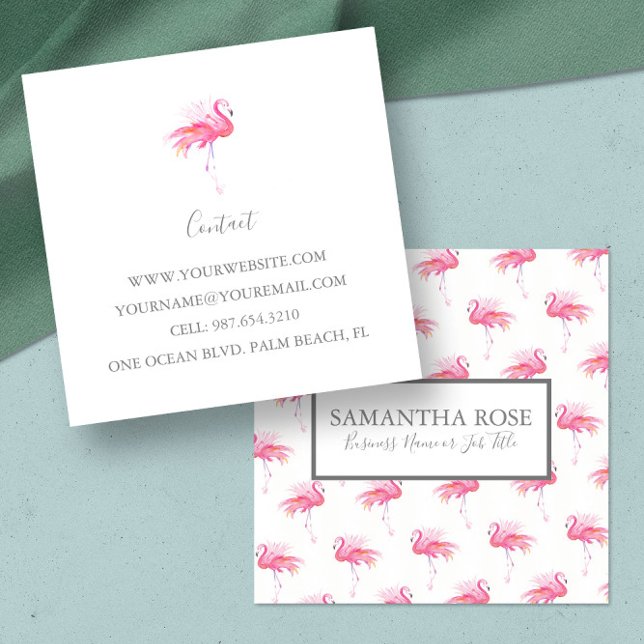Visita Cuadrada Tarjeta de presentación Flamingo Rosado Tropical (Pink flamingo business cards tropical pink watercolor art by Victoria Grigaliunas Do Tell A Belle)