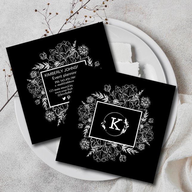 Visita Cuadrada Tarjeta de presentación moderna en blanco y negro (Modern Botanical Black White Business Card #blackwhite #modern #rustic #wildflower)