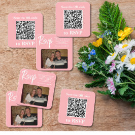 Visita Cuadrada Tarjeta RSVP de Rubor Pink Photo QR Code