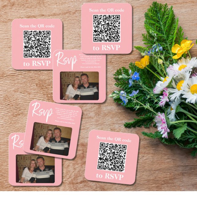 Visita Cuadrada Tarjeta RSVP de Rubor Pink Photo QR Code (Subido por el creador)