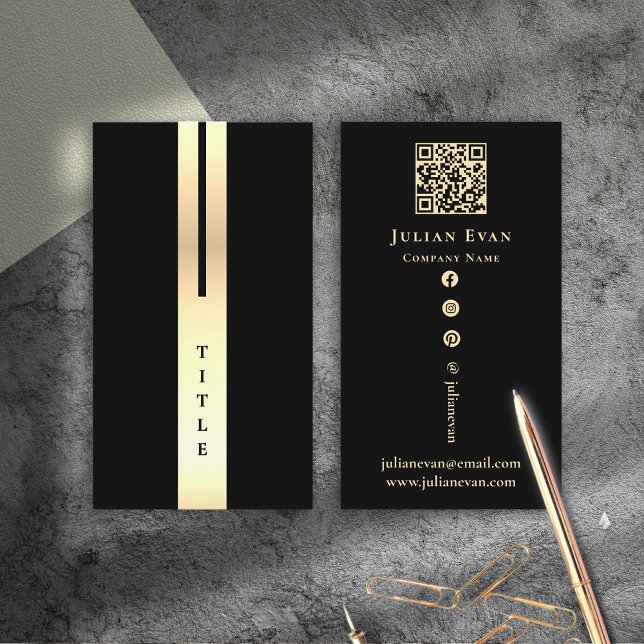 Visita Detalle artístico Tarjeta de presentación moderna  (Artistic Modern Minimal Black & Gold Vertical Business Card)