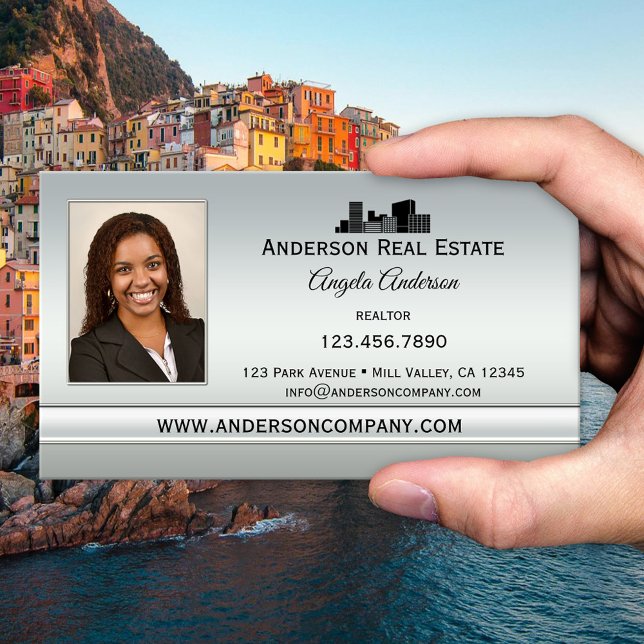 Visita Elegante tarjeta profesional de fotografía platead (Business card featuring your own logo and photo on a silver printed background)
