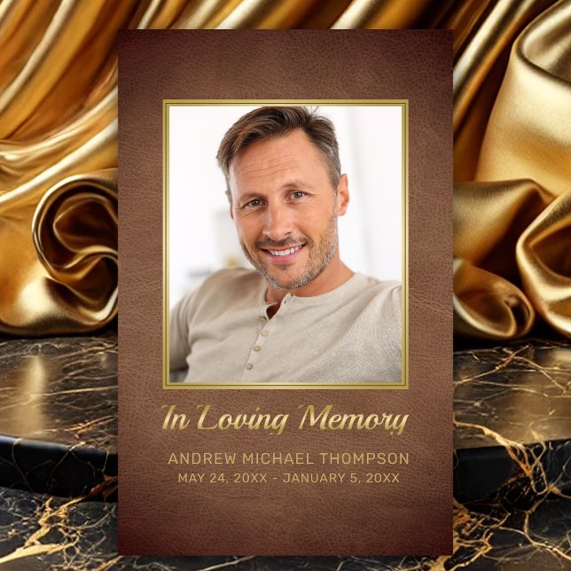 Visita En la tarjeta funeraria de la foto de oro de la me (In Loving Memory Faux Brown Leather Photo Funeral Card with Poem for men)