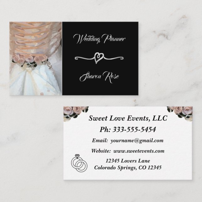 Visita Floral Black Silver Wedding Planner Tarjeta de pre (Anverso / Reverso)