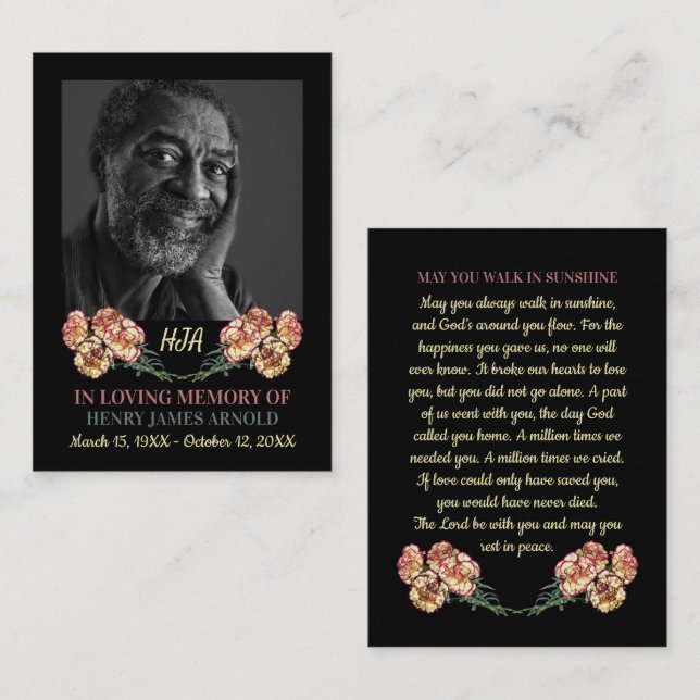 Visita Foto elegante, Flores de clavel, Tarjeta de oració (Anverso / Reverso)