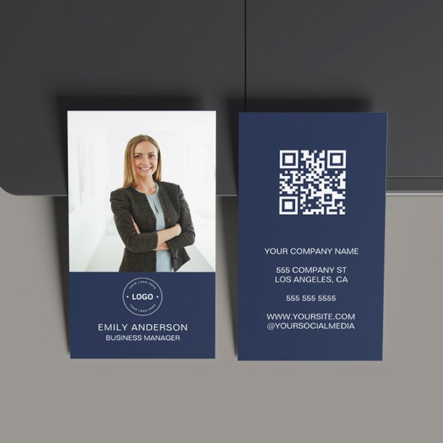 Visita Foto mínima QR Photo Professional Tarjeta de visit (Modern Minimal Custom Photo Logo QR Blue Business Card)