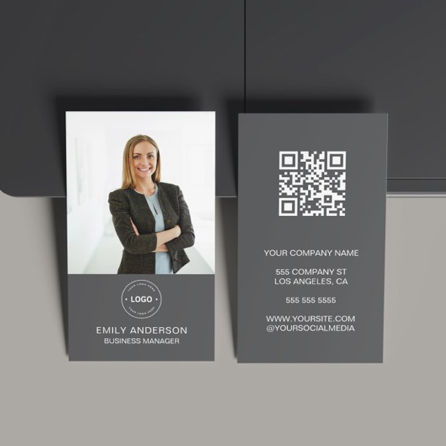 Visita Foto mínima QR Photo Professional Tarjeta de visit (Modern Minimal Custom Photo Logo QR Dark Gray Business Card)