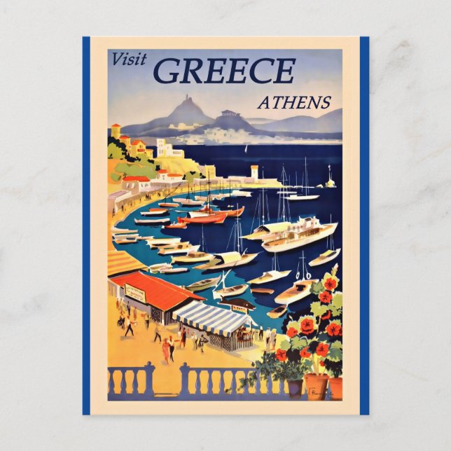 Visita Grecia, poster de viajes vintage, postal (Anverso)