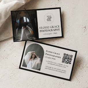 Visita Logotipo de foto editorial Código QR negro Tarjeta