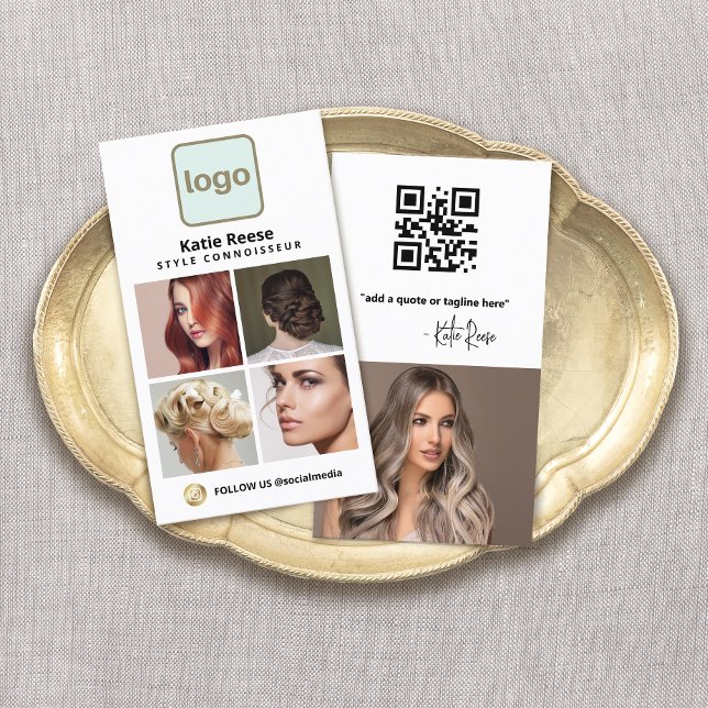 Visita Logotipo del personalizado Tarjeta fotográfica de  (4 photo grid  business card with logo  and instagram social media networking icon and QR Code)