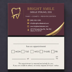 Visita Logotipo dorado y burdeos de dentista Tarjeta de c