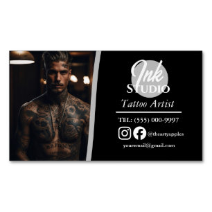 Visita Magnética Tarjeta de Negocio Foto Negra Estudio de Tatuaje