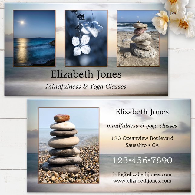 Visita Meditación Yoga Tus Fotos Tarjeta De Negocios (Beach photo business card - massage therapist, reiki healer, meditation instructor or yoga teacher)
