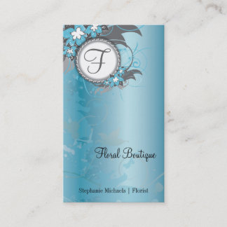 Visita Monograma elegante floral azul de la tarjeta de