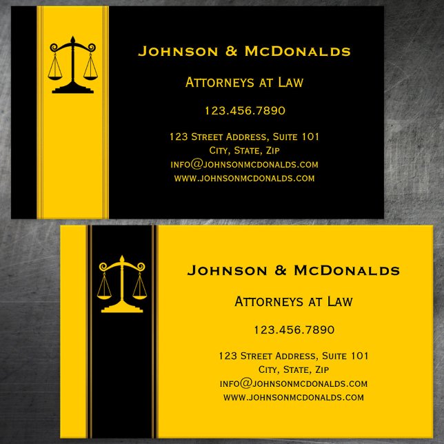 Visita Ocher Black Gold Law Office Tarjeta de Negocio (Business card featuring scales to represent a law firm - lawyer - attorney at law - judge - legal)