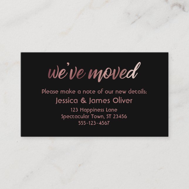 Visita Ombre de oro Rosa en tarjeta negra "We've Moved" (Anverso)