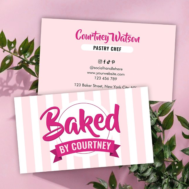 Visita Rayas rosadas de moda, tarjeta de chef de panaderí (Subido por el creador)