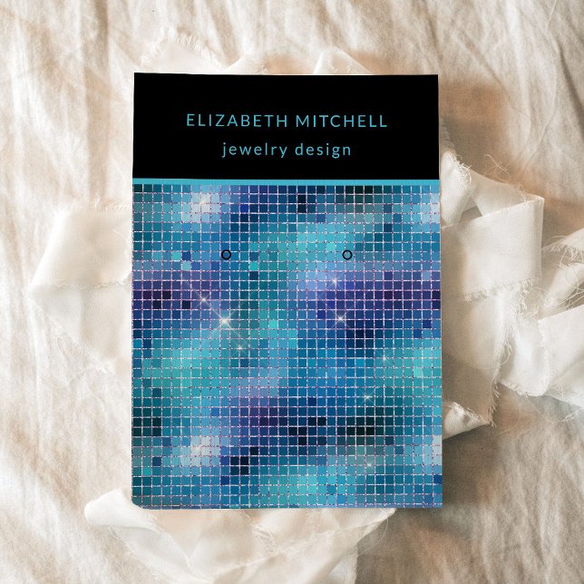 Visita Retro Blue Disco Glam | Tarjeta de visualización d (A glam, disco inspired earring display card in blue, turquoise, and black)