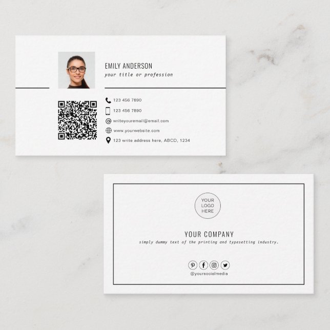 Visita Simple tarjeta comercial de código QR con foto, li (Anverso / Reverso)