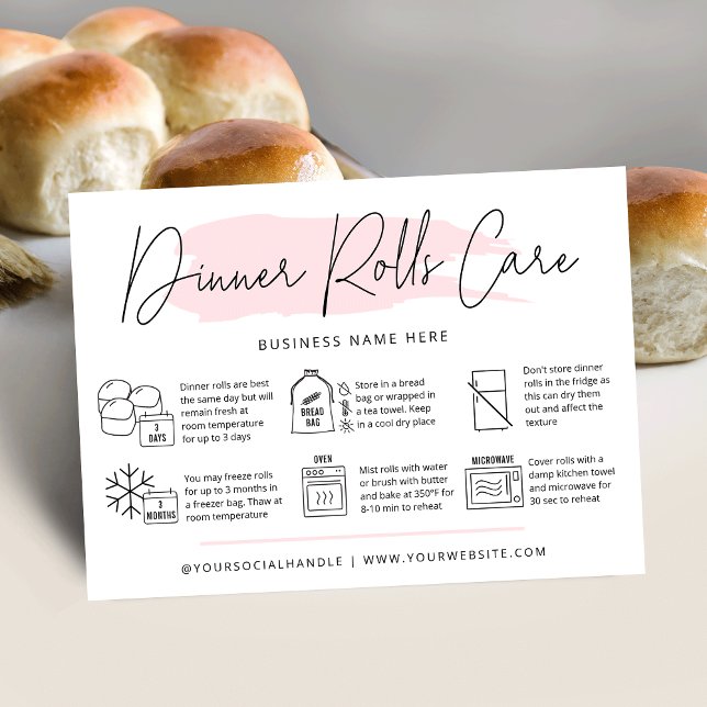 Visita Sourdough Dinner Rollos Tarjeta de atención de col (Trendy sourdough dinner rolls care cards with icons, modern pink watercolor design and your logo)