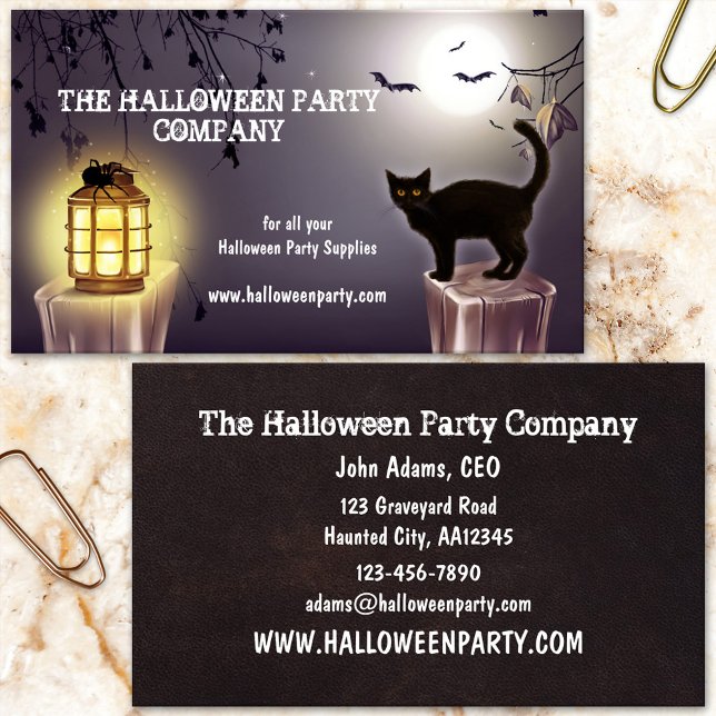 Visita Spooky Cat 'n Bat Halloween Party Tarjeta de prese (Halloween business card showing a cute black cat, spider on a lantern and bats at full moon)