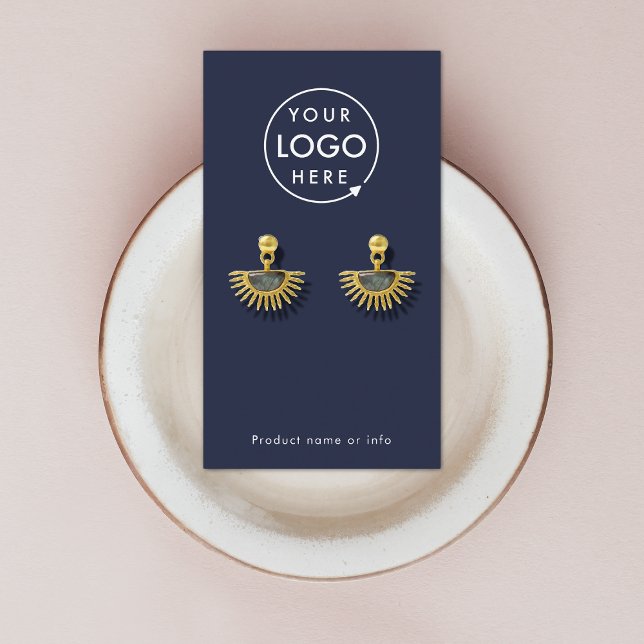 Visita Su logotipo | Tarjeta de visualización de ganancia (Modern sleek navy blue earring display card by Guava - clean, stylish, and customizable)
