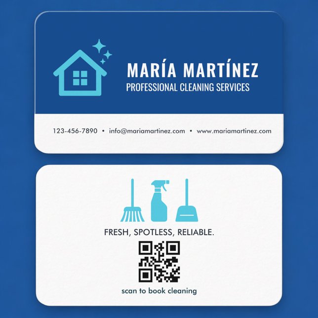 Visita Tarjeta azul de limpieza de casa con código QR (Subido por el creador)