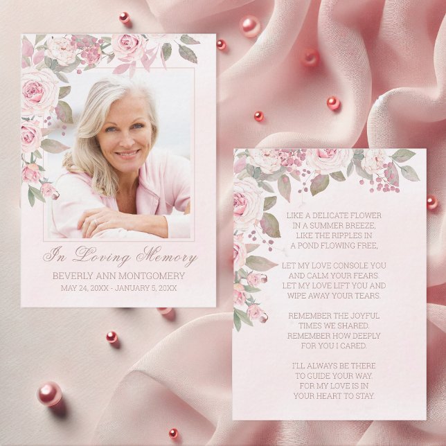 Visita Tarjeta conmemorativa de fúnebre de Rosa floral de (Elegant In Memory of Pink Rose Floral Photo Funeral Card with Poem)