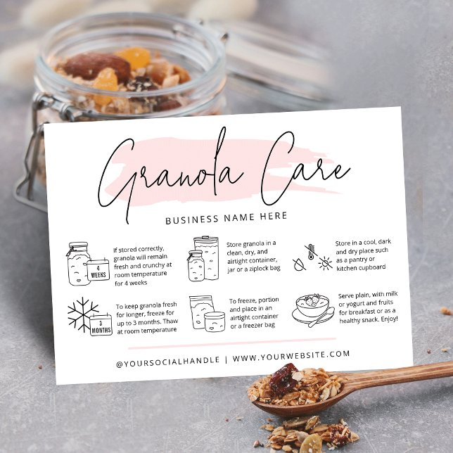Visita Tarjeta de asistencia de granola Sourdough Color d (Sourdough granola care cards with icons, modern script font and pink watercolor and your logo)