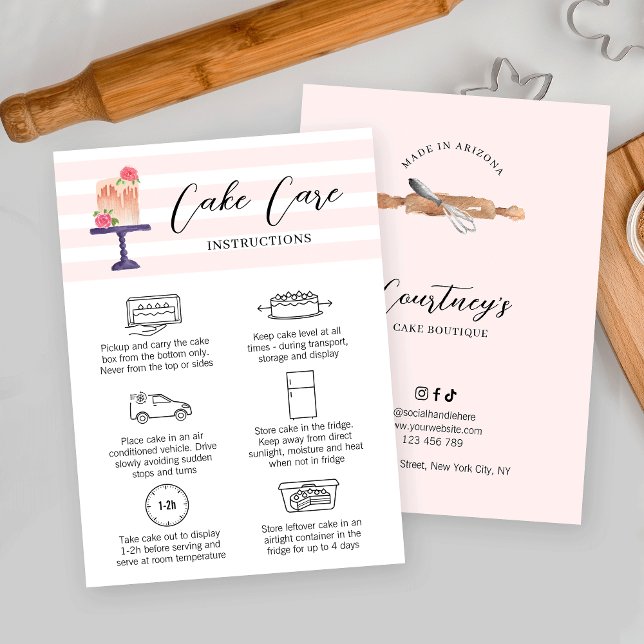 Visita Tarjeta de asistencia para pasteles de color rosa  (Elegant cake care instructions cards with bakery watercolor art & cake care icons)