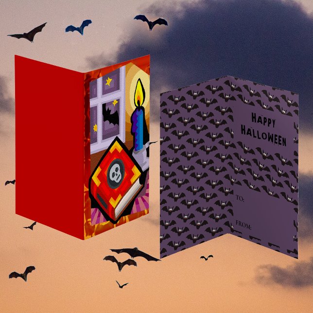 Visita Tarjeta de cambio de aula Skull Book Candle Bat St (Castle Bats & Grim Reaper Classroom Exchange Card)