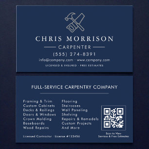 Visita Tarjeta de carpintero azul marino plata con código