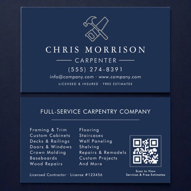 Visita Tarjeta de carpintero azul marino plata con código (Subido por el creador)