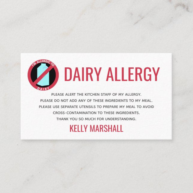Visita Tarjeta de Chef del Restaurante Dairy Allergy Aler (Anverso)