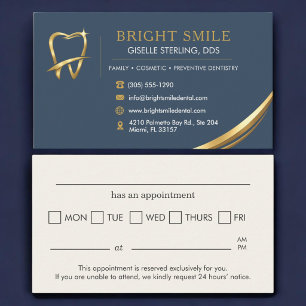 Visita Tarjeta de cita dental con logo azul dorado de den