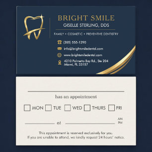 Visita Tarjeta de cita dental con logotipo dorado y azul 