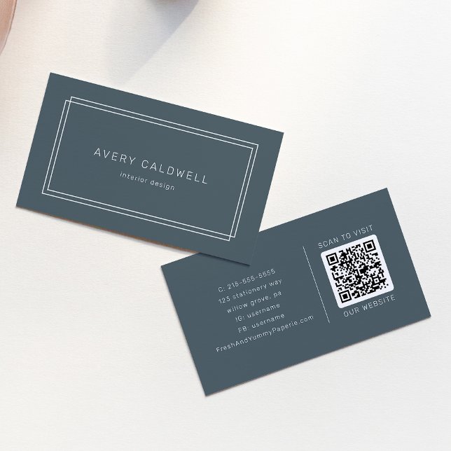 Visita Tarjeta de código QR de doble marco clásico azul m (AVERY Dark Navy Blue Classic Double Frame QR Code Business Card)