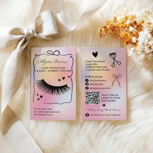 Visita Tarjeta de código QR de tecnología de pestañas de  (Holographic rainbow unicorn Lash Tech QR Code Business Card)