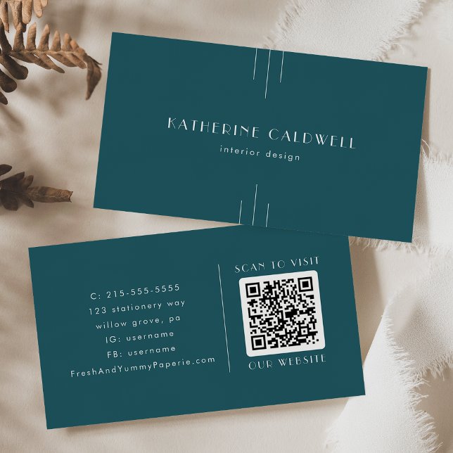 Visita Tarjeta de código QR EVERLY Simple Retro Art Deco  (EVERLY Simple Retro Art Deco Peacock Teal QR Code Business Card)