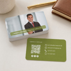 Visita Tarjeta de código QR Foto Contacto Verde Oliva Mod