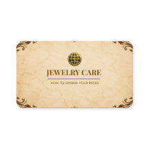 Tarjeta de cuidado de joyería de bronce y pergamin