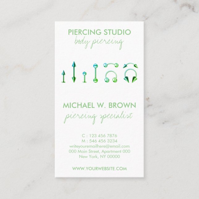 Visita Tarjeta de cuidado verde para Piercing de joyas co (Anverso)